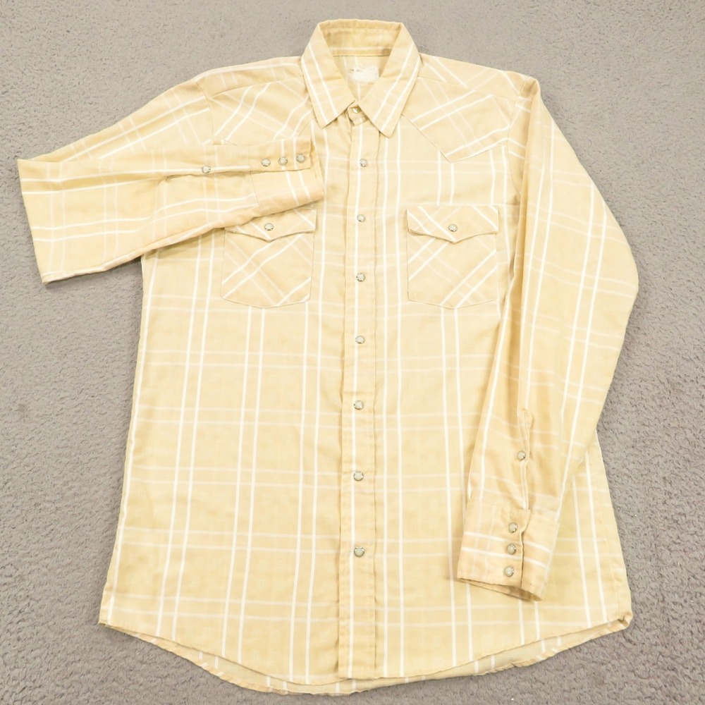 VINTAGE Western Pearl Snap Shirt Mens Large 15.5 Beige Plaid Check 70s Key USA
